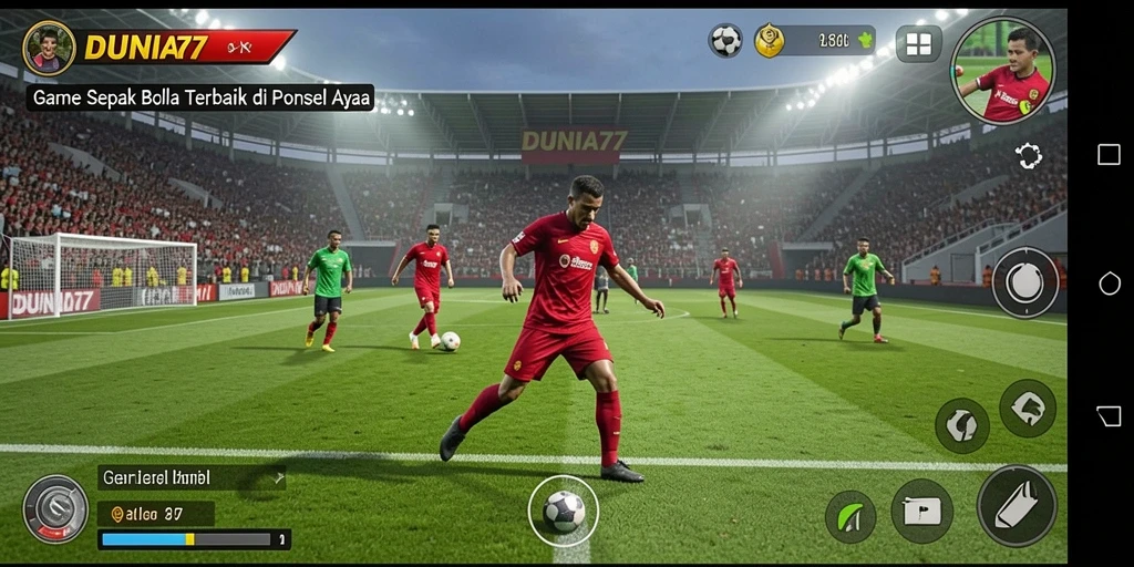 Screenshot utama DUNIA77 menampilkan aksi sepak bola yang mendebarkan.