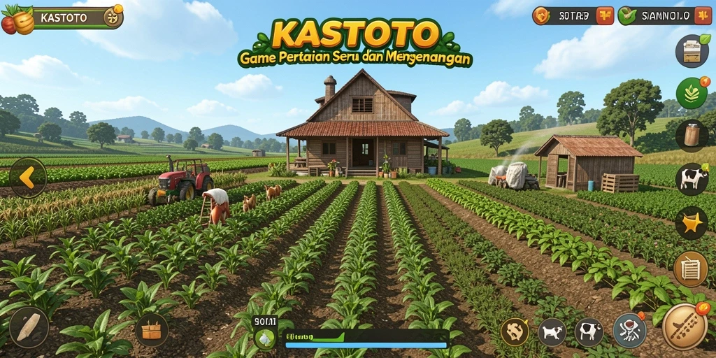 Tampilan gameplay KASTOTO dengan pertanian yang subur dan aktivitas seru.