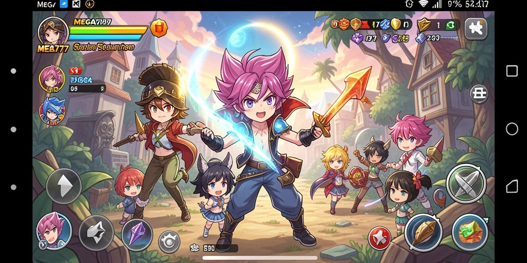 Tampilan gameplay seru MEGA777 dengan karakter anime menarik.