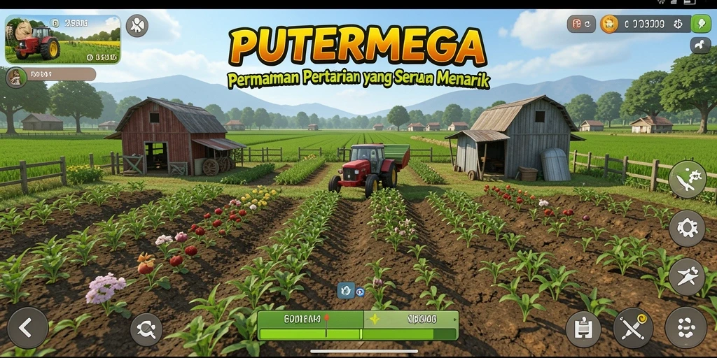 Tangkapan layar utama PUTERMEGA menampilkan suasana ladang yang indah dan interaktif.