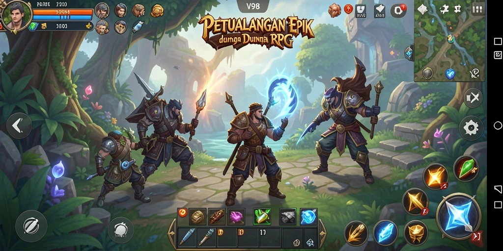 Tampilan gameplay seru dari V98 di dunia RPG.